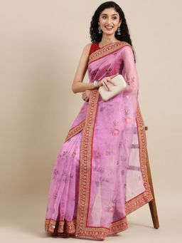 Vastranand - Lavender & Red Ethnic Motifs Sequinned Organza Saree with Unstitched Blouse