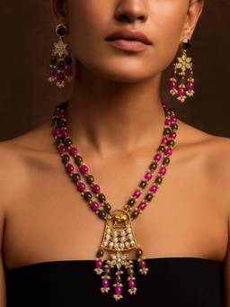 Digital Dress Room - Elephant Pendant Pink/Grey Beads and Pearl Mala Necklace Set