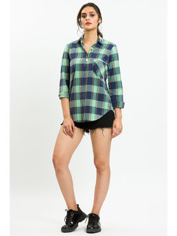 How When Wear - Green Check Shirt With Collar Embroidery