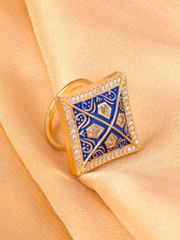 Saraf RS Jewellery - Gold Plated With Blue Ad Studded Handcrafted Adjustable Square Ring (Adjustable)