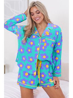 PARTIQ - Green Flower Print Long Sleeve Shirt and Shorts (Set of 2)