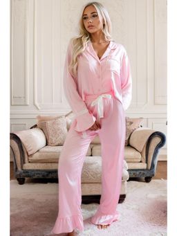 PARTIQ - Light Pink Satin Knot Accent Shirt and Ruffled Pants Loungewear (Set of 2)