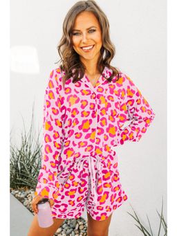 PARTIQ - Pink Leopard Print Long Sleeve Shirt and Shorts (Set of 2)