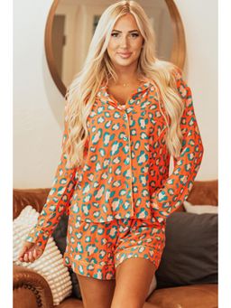 PARTIQ - Orange Leopard Print Long Sleeve Shirt and Shorts (Set of 2)