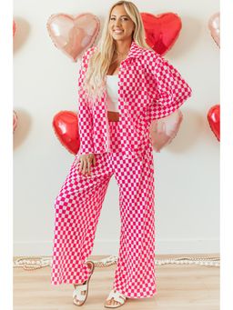 PARTIQ - Pink Checkered Buttoned Shirt and High Waist Pants (Set of 2)