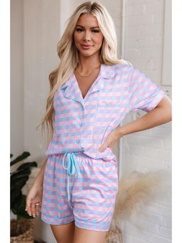 PARTIQ - Purple Checkered Pattern Shirt and Shorts (Set of 2)