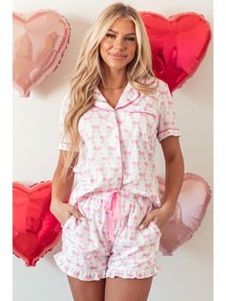 PARTIQ - Pink Bowknot Printed and Ruffled Shirt and Shorts (Set of 2)