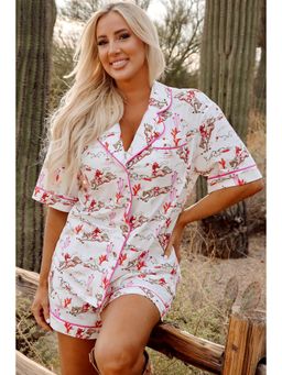 PARTIQ - White Cowgirl Country Print Shirt and Shorts (Set of 2)