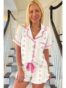 PARTIQ - Beige Floral Print Contrast Pipping Shirt and Shorts (Set of 2)