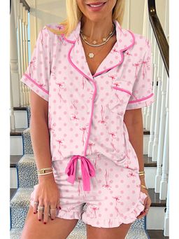 PARTIQ - Pink Bow Print Contrast Pipping Shirt and Shorts (Set of 2)