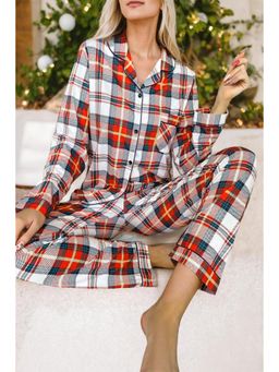 PARTIQ - Red Christmas Plaid Print Long Sleeve Shirt with Pajama Pant (Set of 2)