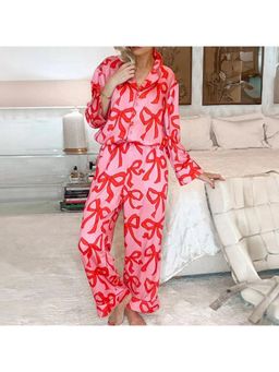 PARTIQ - Pink Bow Print Shirt Style Long Sleeve Shirt and Pyjama (Set of 2)