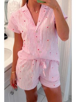 PARTIQ - Pink Striped Tiny Hearts Printed Lapel Collar Shirt Style Shirt and Shorts (Set of 2)