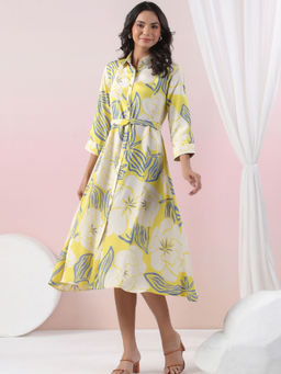 KAFTANIZE - Lemon Floral Printed Russian Silk 3/4Th Sleeves Midi Dress