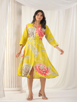 KAFTANIZE - Mustard Yellow Allover Bold Floral Print Shirt Collar Midi Dress