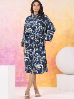 KAFTANIZE - Navy Blue Abstract Printed Shirt Collar Half Sleeve Midi Dress