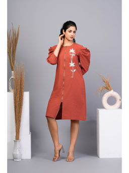 KAFTANIZE - Rust Orange Abstract Printed Motif Flower Cotton Poplin Knee Length Dress