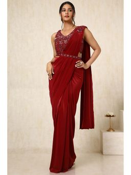 Soch - Womens Maroon Nylon Blend Saree with Stitched Blouse & Belt
