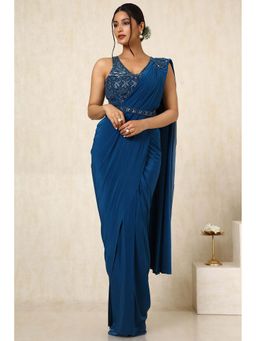 Soch - Womens Teal Nylon Blend Saree with Stitched Blouse & Belt