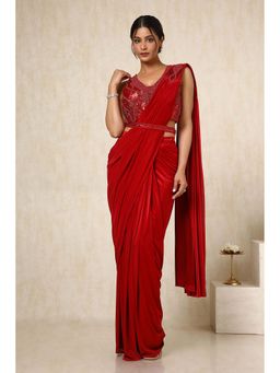 Soch - Womens Red Nylon Blend Saree with Stitched Blouse & Belt