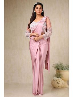 Soch - Womens Blush Pink Nylon Blend Saree with Stitched Blouse