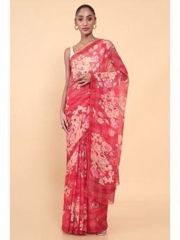 Soch - Women Red Chiffon Floral Saree with Unstitched Blouse