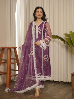 ONEWE INDIA - Phool Purple Floral Organza Kurta with Pant & Dupatta (Set of 3)