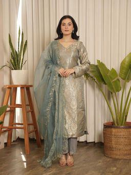 ONEWE INDIA - Grey Brocade Floral Kurta with Pant & Dupatta (Set of 3)