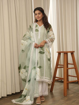 ONEWE INDIA - Green Floral Organza Kurta with Pant & Dupatta (Set of 3)