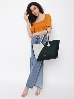 KLEIO - Vegan PU Color Block Shopping Tote Hangbag With Zip Closure For Womens