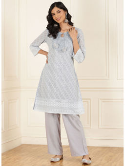 Lakshita - Light Blue Schiffli Embroidered Straight Kurta with Tassels (Set of 2)