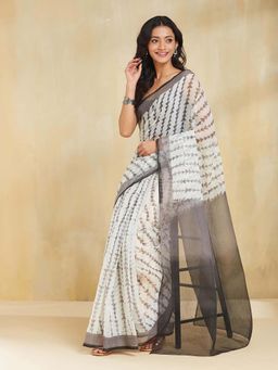 Fabindia - White Cotton Silk Hand Block Saree without Blouse