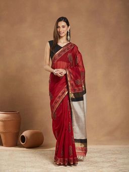Fabindia - Maroon Cotton Silk Blend Hand Block Saree without Blouse
