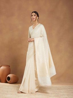 Fabindia - Off White Cotton Silk Blend Banarsi Saree without Blouse