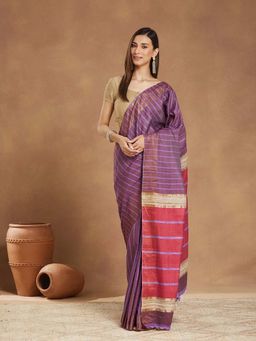 Fabindia - Purple Viscose Silk Hand Woven Saree without Blouse