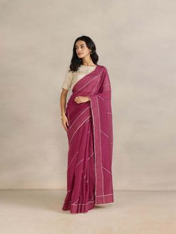 Fabindia - Pink Cotton Silk Embroidered Saree without Blouse