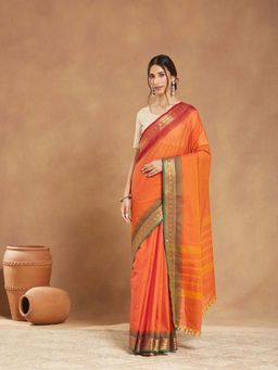 Fabindia - Rust Cotton Blend Woven Saree without Blouse
