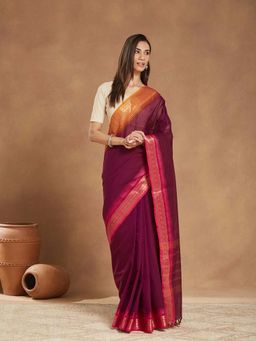 Fabindia - Wine Cotton Blend Saree without Blouse