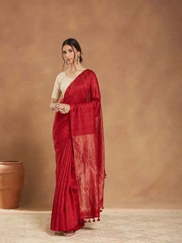 Fabindia - Red Silk Blend Hand Woven Saree without Blouse