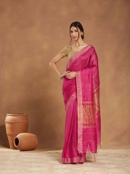 Fabindia - Pink Silk Blend Hand Woven Saree without Blouse