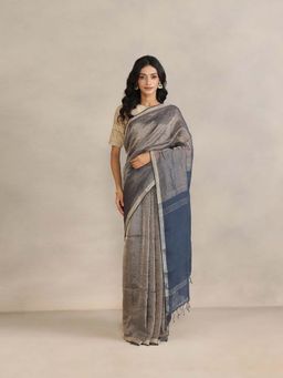 Fabindia - Navy Blue Linen Blend Saree without Blouse