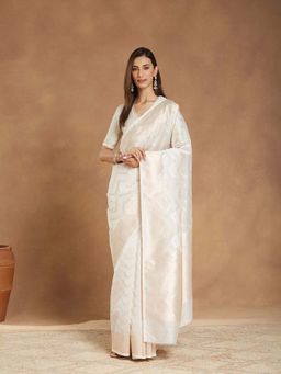 Fabindia - Off White Cotton Silk Blend Banarsi Saree without Blouse