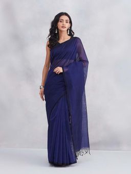 Fabindia - Navy Blue Cotton Silk Saree without Blouse