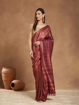 Fabindia - Maroon Viscose Silk Blend Saree without Blouse