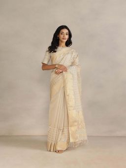 Fabindia - Beige Cotton Silk Blend Maheshwari Saree without Blouse