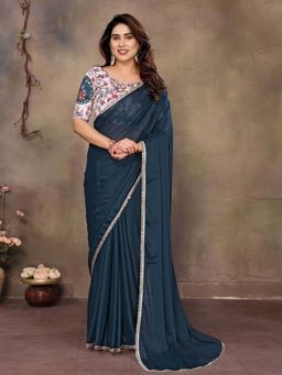 Odette - Teal Blue Georgette Saree with Unstitched Blouse for Women