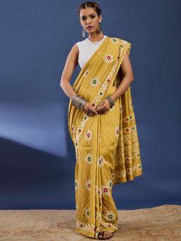 Lush Glam - Mustard Hand Painted Floral Saree With unstitched blouse