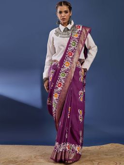 Lush Glam - Purple Hand Painted Floral Saree With unstiched blouse