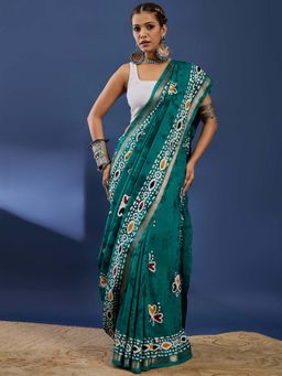 Lush Glam - Green Hand Painted Floral Saree With unstiched blouse