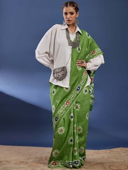 Lush Glam - Green Hand Painted Floral Saree With unstiched blouse